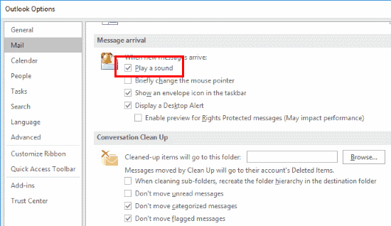 turn off email sound in outlook for mac